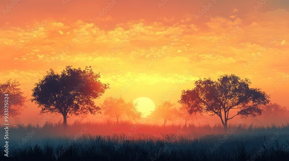 Fototapeta premium A serene landscape where trees are silhouetted by the warm hues of a vibrant sunset, creating a peaceful scene.
