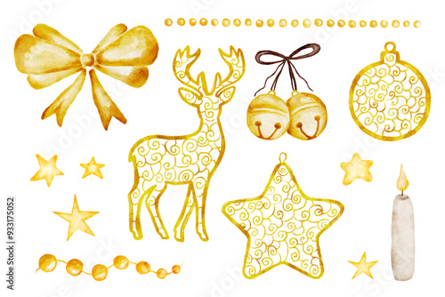 Set watercolor gold Christmas holiday elements, bow, deer, bell and ornaments, xmas design