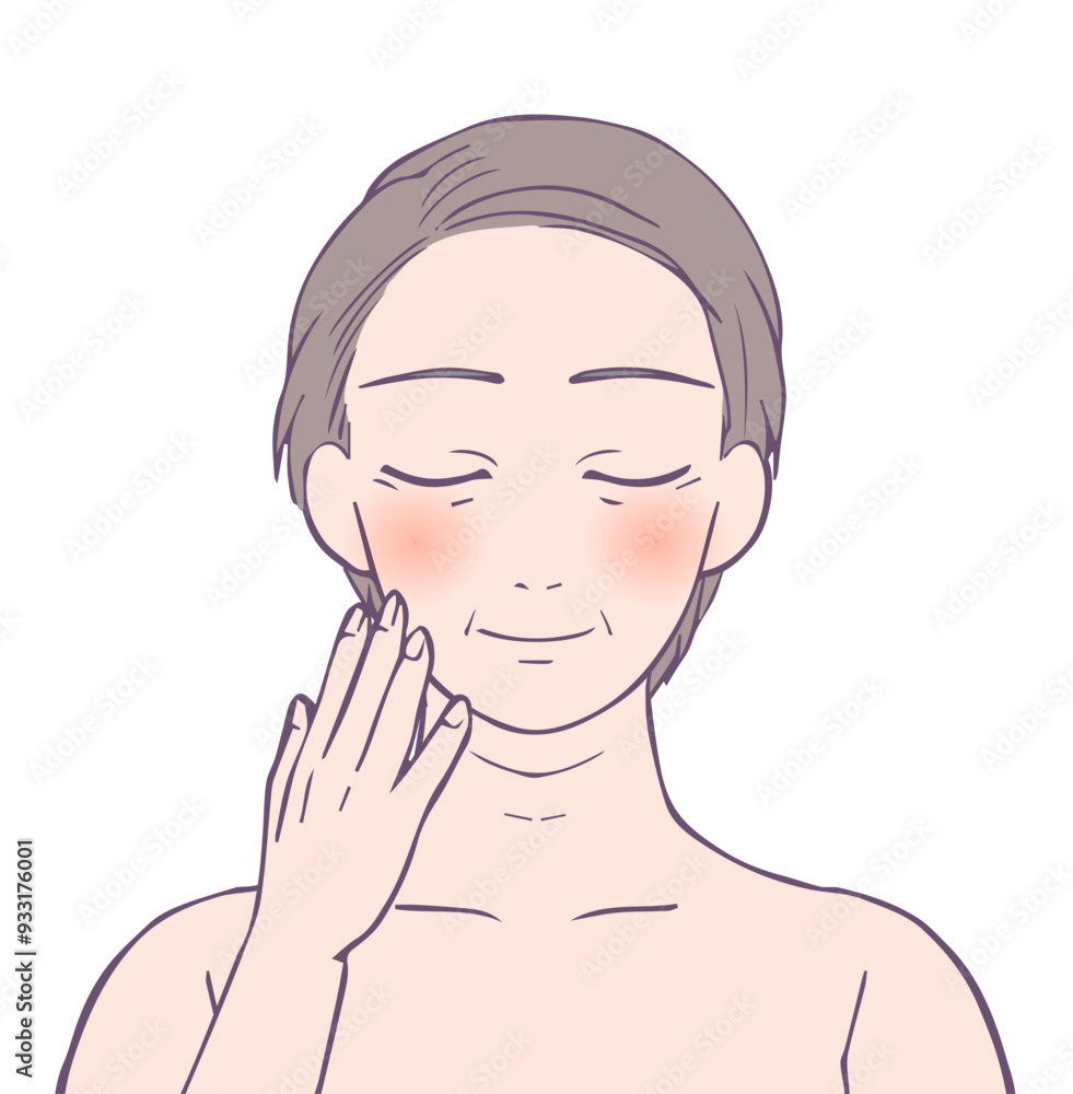 目を閉じた血色がいいミドル女性の上半身、ビューティーイラスト