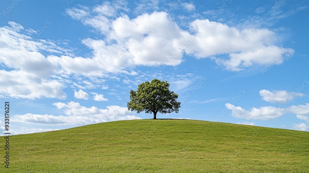 A solitary green tree on a hill, basking in the sunlight beneath a bright blue sky with soft, cottony clouds. A solitary green tree on a hill, basking in the sunlight beneath a bright blue sky with soft, cottony clouds.
