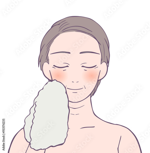 目を閉じた血色がいいミドル女性の上半身、ビューティーイラスト