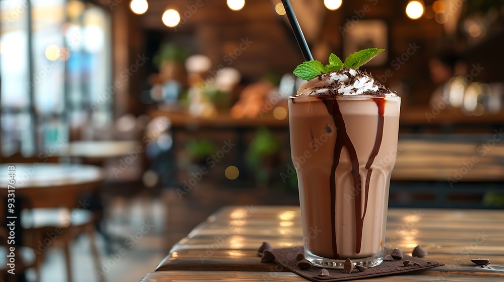 Cool chocolate shake summertime drinks with a wooden background in a restaurant Cool chocolate shake summertime drinks with a wooden background in a restaurant