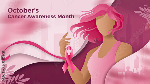 Breast Cancer Awareness Month October Campaign - Pink Ribbon Symbol, Woman with Pink Hair, Empowering Message for Cancer Awareness, Support, and Solidarity