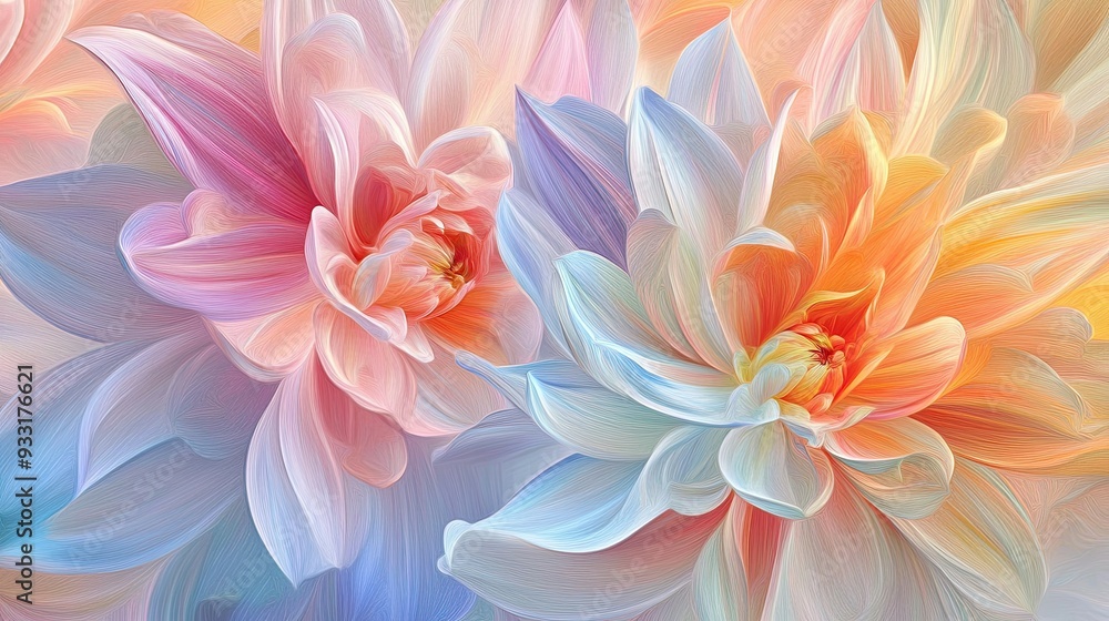 Obraz premium A stunning blend of bright petals and pastel hues, with colors swirling to create a peaceful, artistic composition.