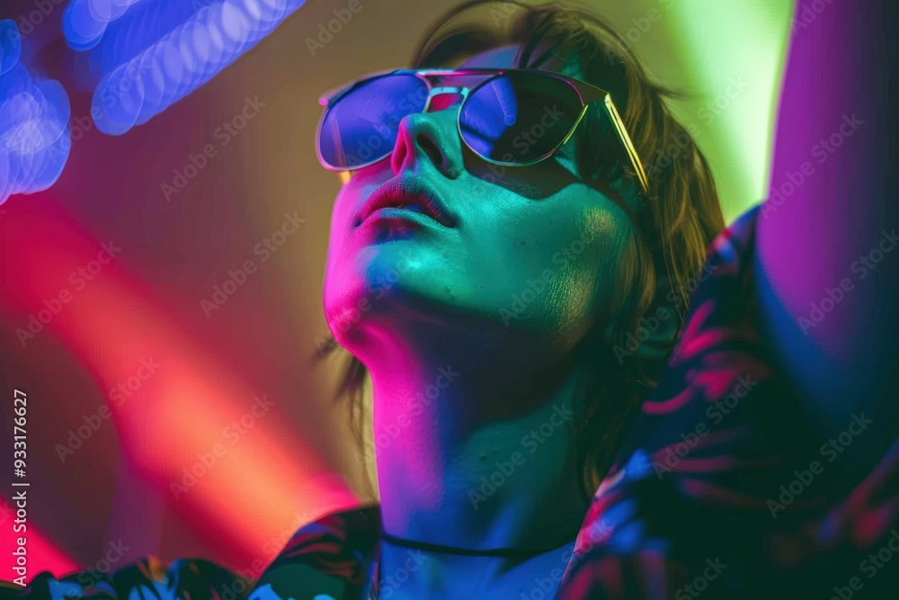 Fototapeta premium A bright multi-colored image of a man wearing headphones in a nightclub. Modern pop music, male DJ.. Beautiful simple AI generated image