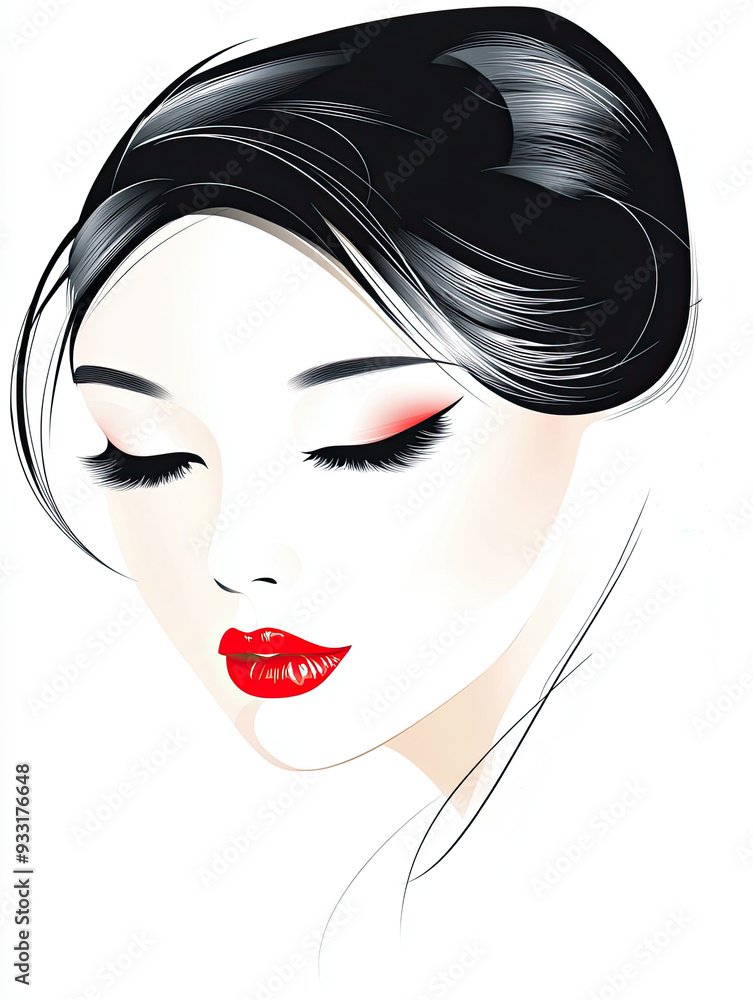 Demure illustration of the face of an asian lady looking down, beautiful glamour make up portrait shot. Demure illustration of the face of an asian lady looking down, beautiful glamour make up portrait shot.