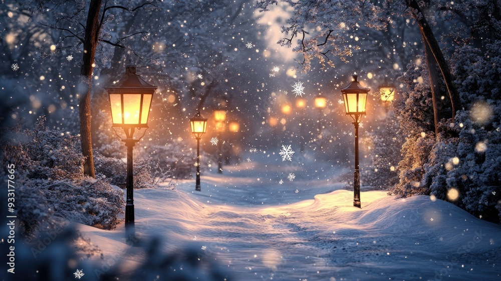 A tranquil winter scene with glowing lanterns casting warm light over a snowy landscape, as snowflakes drift quietly. A tranquil winter scene with glowing lanterns casting warm light over a snowy landscape, as snowflakes drift quietly.