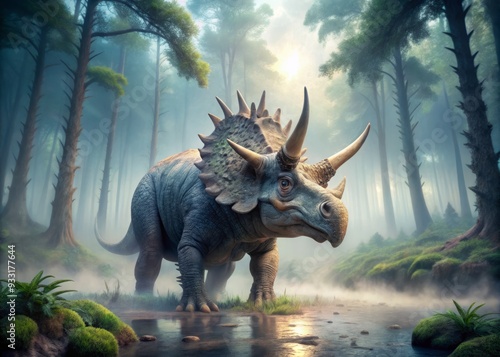 Tranquil Triceratops 3D close-up with delicate watercolor-inspired patterns unfolding onto ancient misty forest floors under soft blue-gray mist.