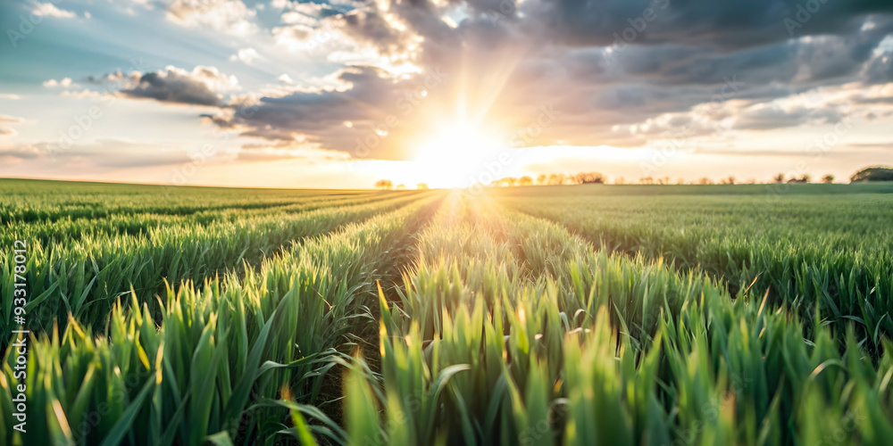 Photo Realistic as Green field with sunrise concept as A serene green field under the first light of sunrise symbolizing new beginnings and hard work perfect for business presentations needing a clean Photo Realistic as Green field with sunrise concept as A serene green field under the first light of sunrise symbolizing new beginnings and hard work perfect for business presentations needing a clean