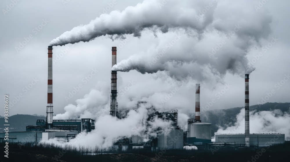 Industrial landscape with smoke billowing from chimneys, symbolizing pollution and energy production in a cloudy environment. Industrial landscape with smoke billowing from chimneys, symbolizing pollution and energy production in a cloudy environment.
