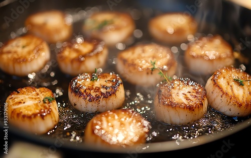 Close-up of seared scallops in a frying pan.