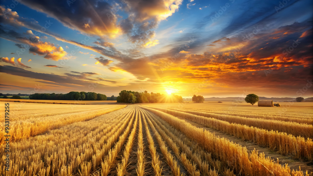Photo Realistic as Harvested field with golden sunset concept as A tranquil harvested field with a golden sunset embodying the spirit of Thanksgiving ideal for business presentations needing a clean a Photo Realistic as Harvested field with golden sunset concept as A tranquil harvested field with a golden sunset embodying the spirit of Thanksgiving ideal for business presentations needing a clean a