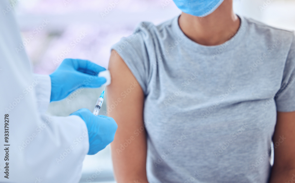 Healthcare, vaccine and doctor hands with woman in consultation, hospital or clinic. Arm injection, syringe and patient with medical professional for pandemic protection with covid, cleaning and care Healthcare, vaccine and doctor hands with woman in consultation, hospital or clinic. Arm injection, syringe and patient with medical professional for pandemic protection with covid, cleaning and care