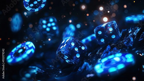 Abstract image of glowing blue casino elements, including chips and dice, on a dark background.