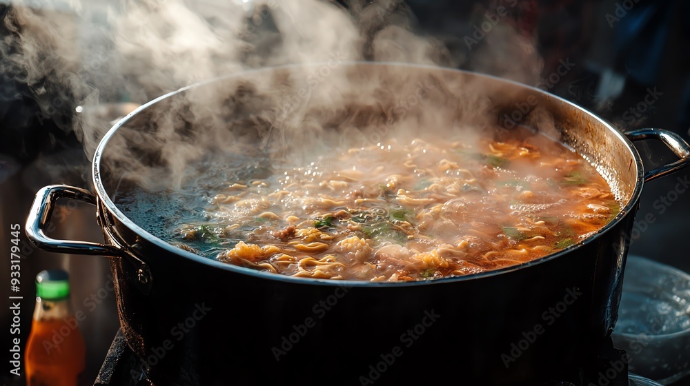 Closeup of a large pot of steaming soup on a stove. Closeup of a large pot of steaming soup on a stove.