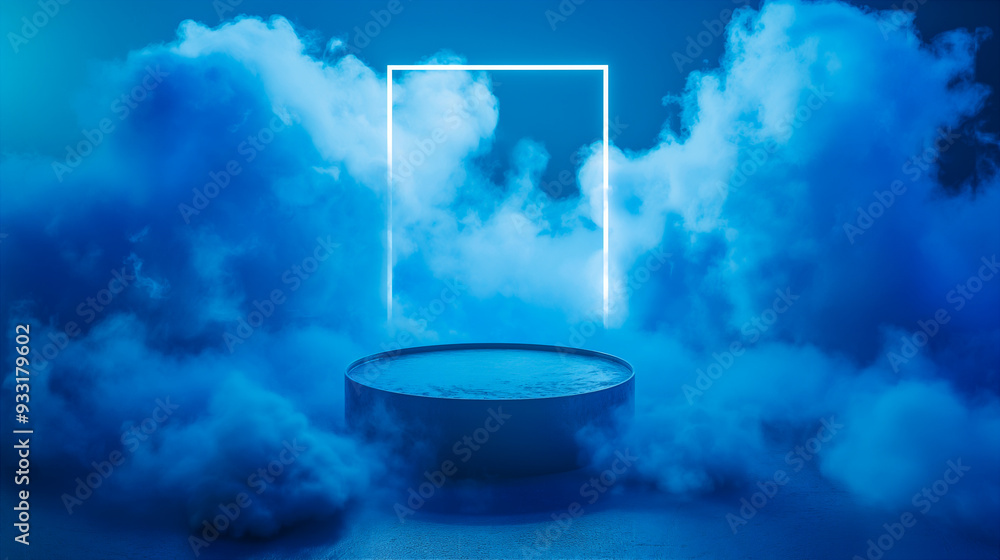 Blue Podium in Cloudy Sky. Generative AI Blue Podium in Cloudy Sky. Generative AI
