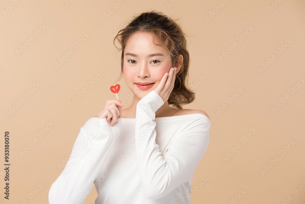 ハートの形をしているキャンディーを持つ可愛い女性 ハートの形をしているキャンディーを持つ可愛い女性