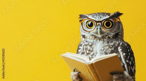 Wallpaper Mural An owl with spectacles, looking scholarly as it reads a book, set against a vibrant yellow background. Torontodigital.ca
