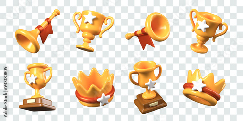 Gold trophies in different positions. Trumpet with flag, crown with star, cup, bowl on stand