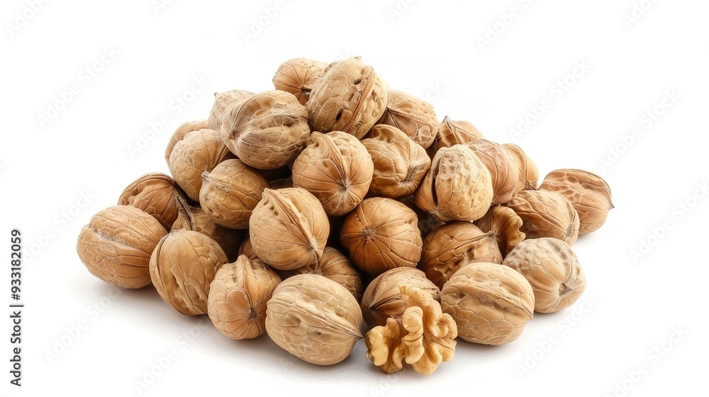 Heap of Walnuts on White Background: A Close-Up View of a Generous Pile of Whole Walnuts, Showcasing Their Rough, Textured Shells and Natural Brown Color Against a Crisp White Background. Heap of Walnuts on White Background: A Close-Up View of a Generous Pile of Whole Walnuts, Showcasing Their Rough, Textured Shells and Natural Brown Color Against a Crisp White Background.