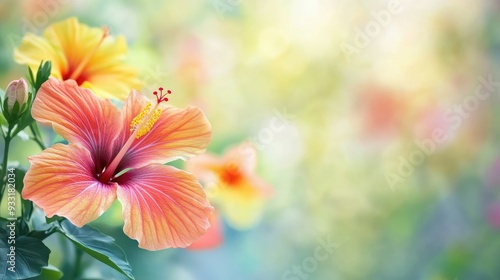 Close-up of colorful hibiscus flowers with a mix of orange, yellow, and red petals against a soft, blurred garden scene.