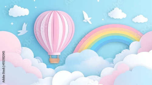 A paper-cut-style hot air balloon flying above the clouds with a rainbow