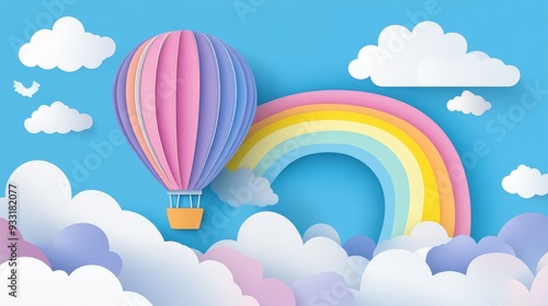 A paper-cut-style hot air balloon flying above the clouds with a rainbow