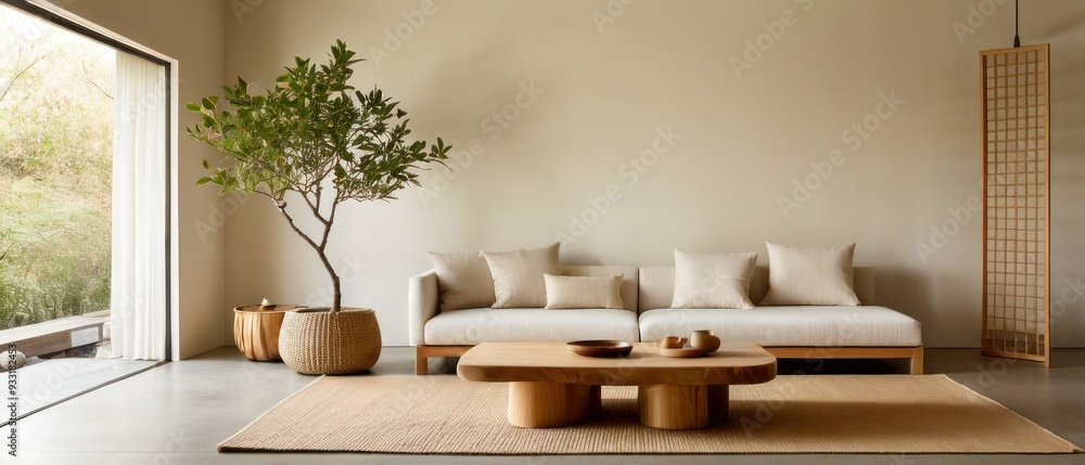 Obraz premium A stylish minimalist living room featuring a light gray sofa, wooden furniture, and a tree artwork. The atmosphere is serene and inviting with natural light and decor.