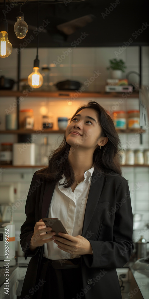 asian business woman, looking up and smile while holding phone, in kitchen asian business woman, looking up and smile while holding phone, in kitchen