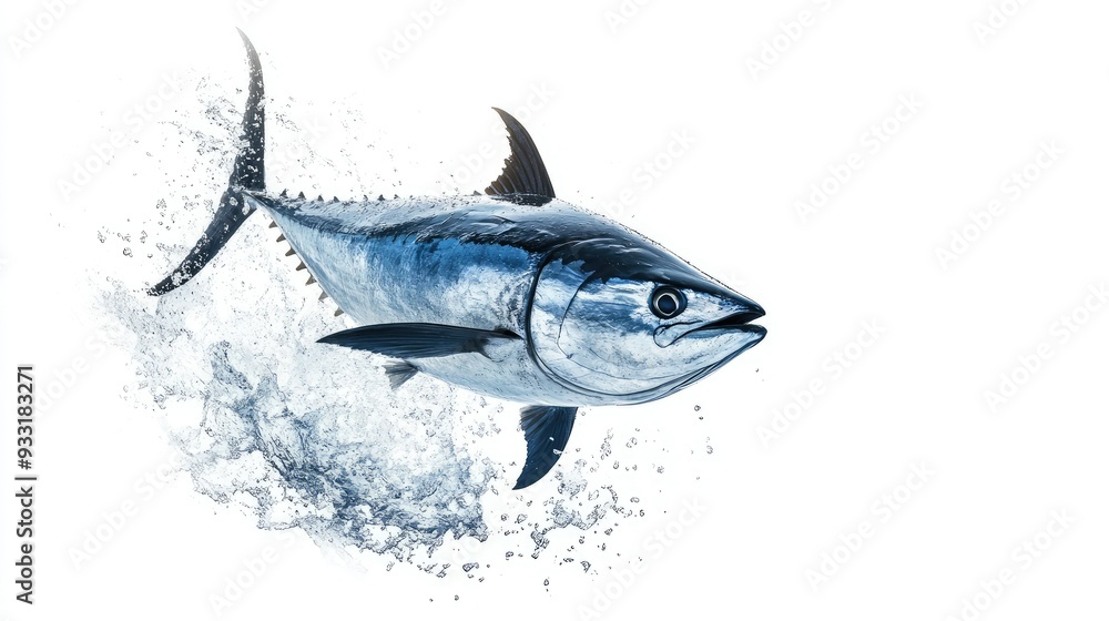 Fototapeta premium Dynamic shot of a tuna fish leaping out of the water, isolated on a crisp white background.