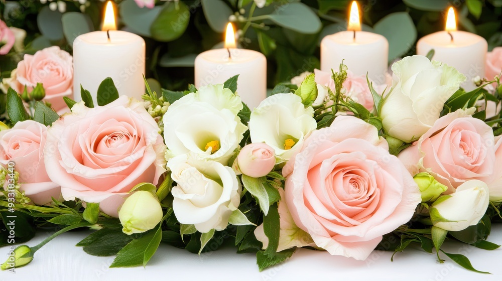 A romantic candlelit table adorned with pink roses and delicate greenery, perfect for celebrating love on Valentine's Day A romantic candlelit table adorned with pink roses and delicate greenery, perfect for celebrating love on Valentine's Day