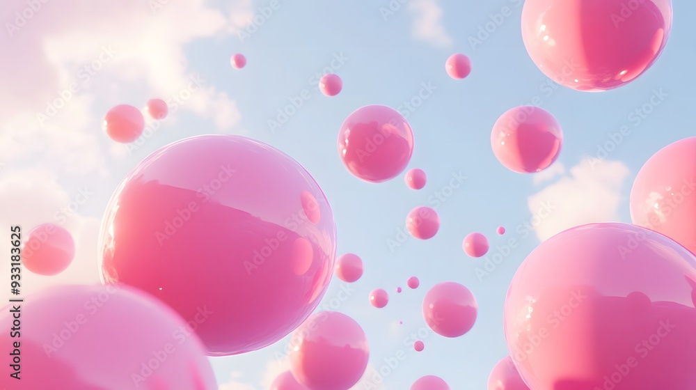 Floating pink spheres in a dreamy abstract sky, bathed in soft afternoon sunlight casting delicate shadows on the ground. Perfect for projects emphasizing creativity, fantasy, and abstract art Floating pink spheres in a dreamy abstract sky, bathed in soft afternoon sunlight casting delicate shadows on the ground. Perfect for projects emphasizing creativity, fantasy, and abstract art