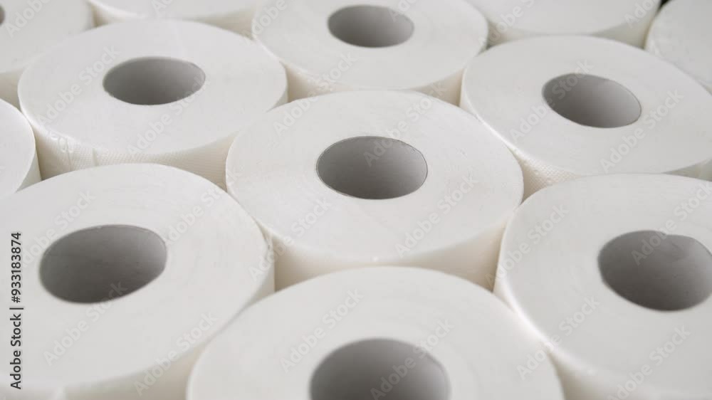 Close up on toilet paper rolls. Camera moves over many toilet paper rolls packed close to each other. Close up on toilet paper rolls. Camera moves over many toilet paper rolls packed close to each other.