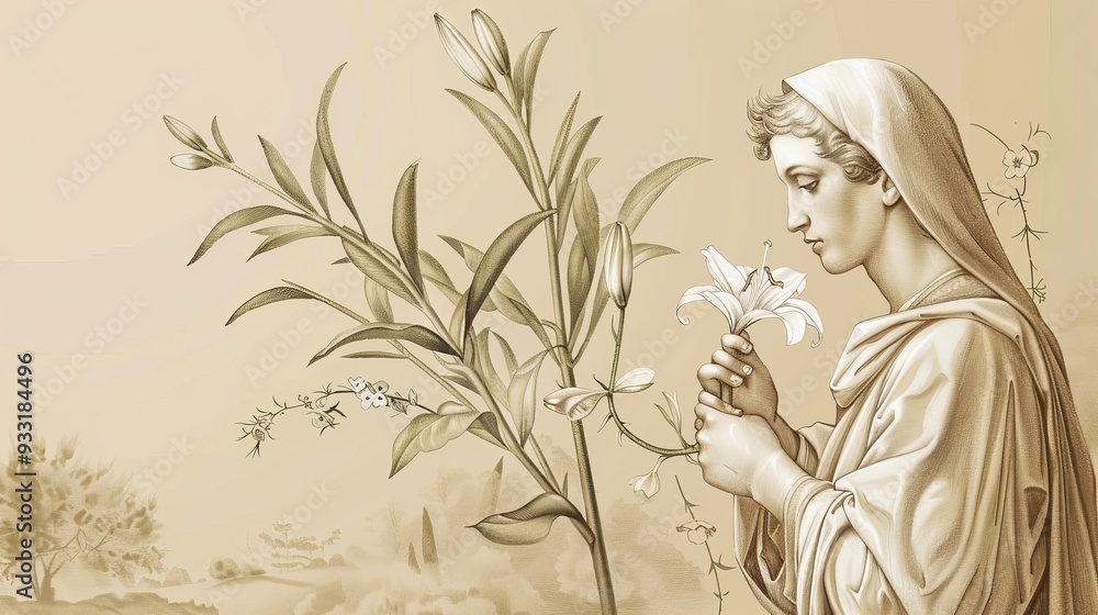Devoted Saint Gabriel of Our Lady of Sorrows with a lily in a peaceful garden, beige background, Biblical Illustration, copyspace Devoted Saint Gabriel of Our Lady of Sorrows with a lily in a peaceful garden, beige background, Biblical Illustration, copyspace