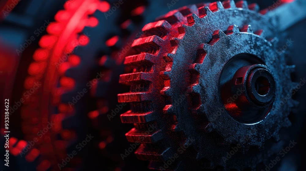 Fototapeta premium Industrial steel gear concept with intense red lighting, emphasizing its metallic texture.