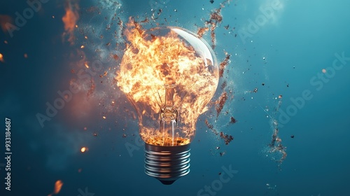 Light bulb explosion with flames, captured in 3D rendering, on a blue background, symbolizing creative ideas.