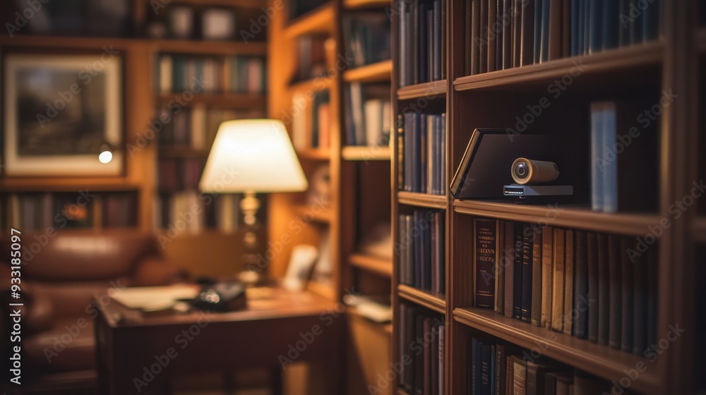 Hidden surveillance camera disguised in a cozy home library Hidden surveillance camera disguised in a cozy home library