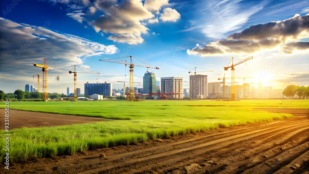 Photo Realistic as Open field with construction site concept as A wide open field with a construction site in the distance symbolizing growth and hard work perfect for business presentations needing a Photo Realistic as Open field with construction site concept as A wide open field with a construction site in the distance symbolizing growth and hard work perfect for business presentations needing a