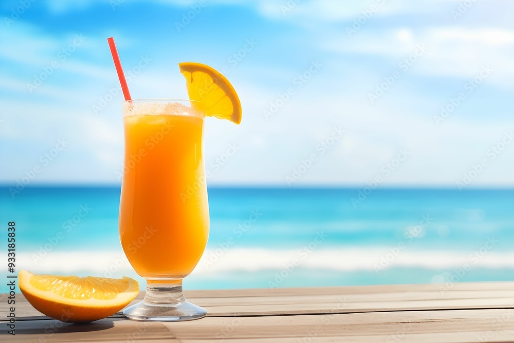 Obraz premium Glass of orange juice on wooden table on the beach, blue seashore background