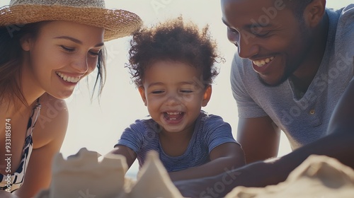 Happy Family Building Sandcastle Together Beach Joyful Summer Fun photo