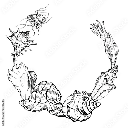 Marine life, sea ocean underwater creatures fish, shells algae seaweed, Ink and pen sketch hand drawn. Wreath frame illustration, stylized, isolated on white. For zoo shop, aquarium, cosmetics, resort