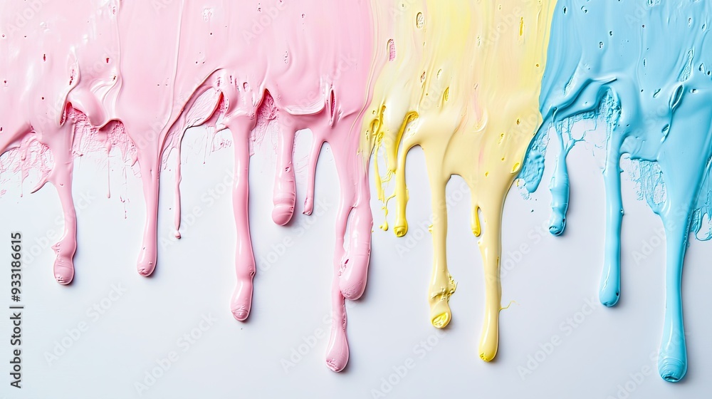 Soft pastel paint in shades of pink, blue, and yellow dripping downwards, set against a clean white background. Soft pastel paint in shades of pink, blue, and yellow dripping downwards, set against a clean white background.