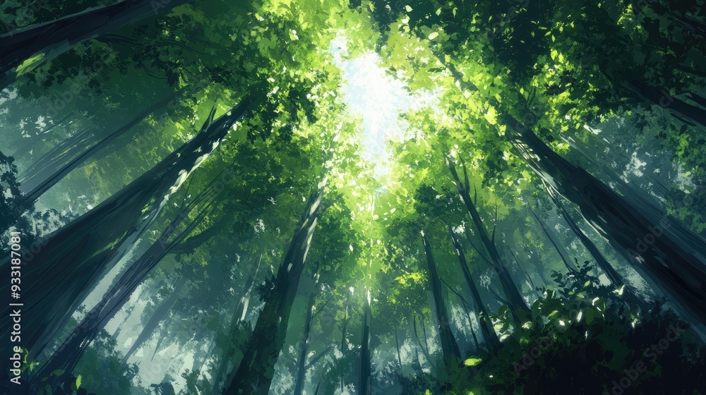 Fototapeta premium Sunlight filters through green leaves as they reach towards the sky, surrounded by the tall trunks of a dense forest.