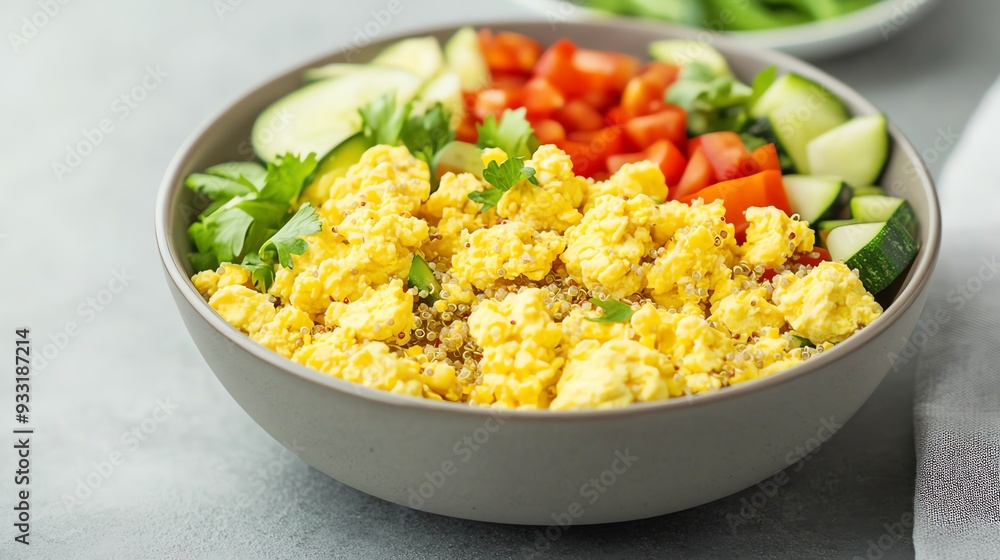 Breakfast bowl with scrambled eggs, quinoa, and veggies Breakfast bowl with scrambled eggs, quinoa, and veggies