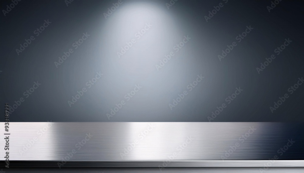 Silver steel countertop, empty shelf. Kitchen counter on gray background with spot light. Bar desk surface in foreground
Silver steel countertop, empty shelf. Kitchen counter on gray background with spot light. Bar desk surface in foreground