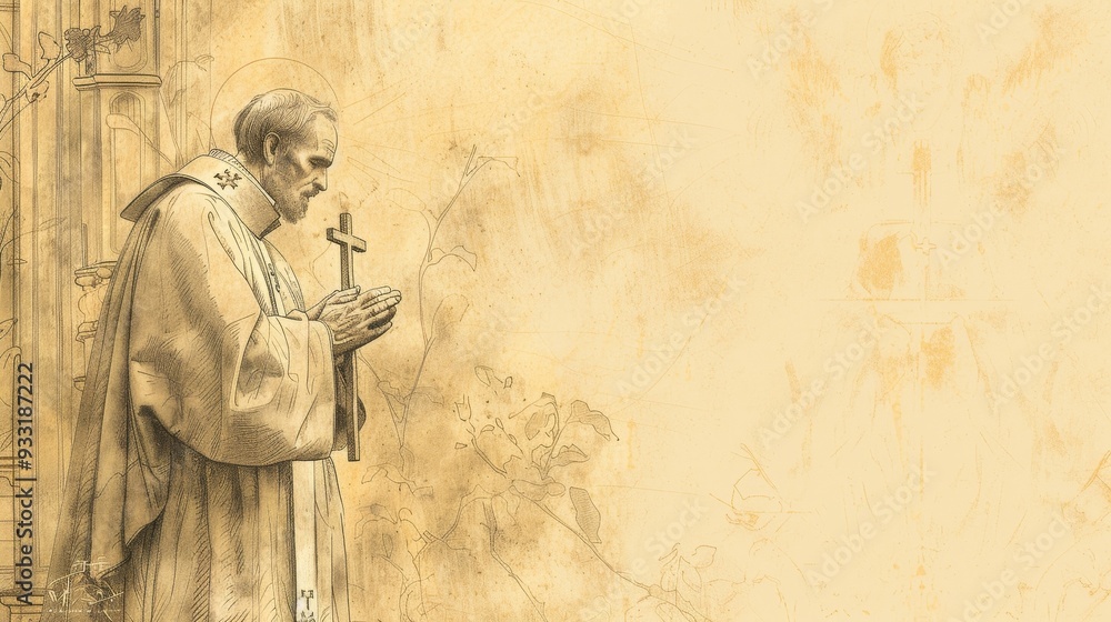 Fototapeta premium Eugene the Devout, Holding Crucifix in Prayer, Peaceful Church Setting, Biblical Illustration, Beige Background, Copyspace