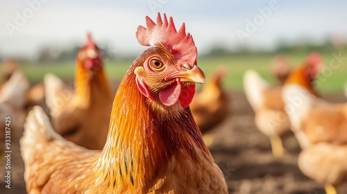 Chickens roaming freely in a spacious farmyard photo