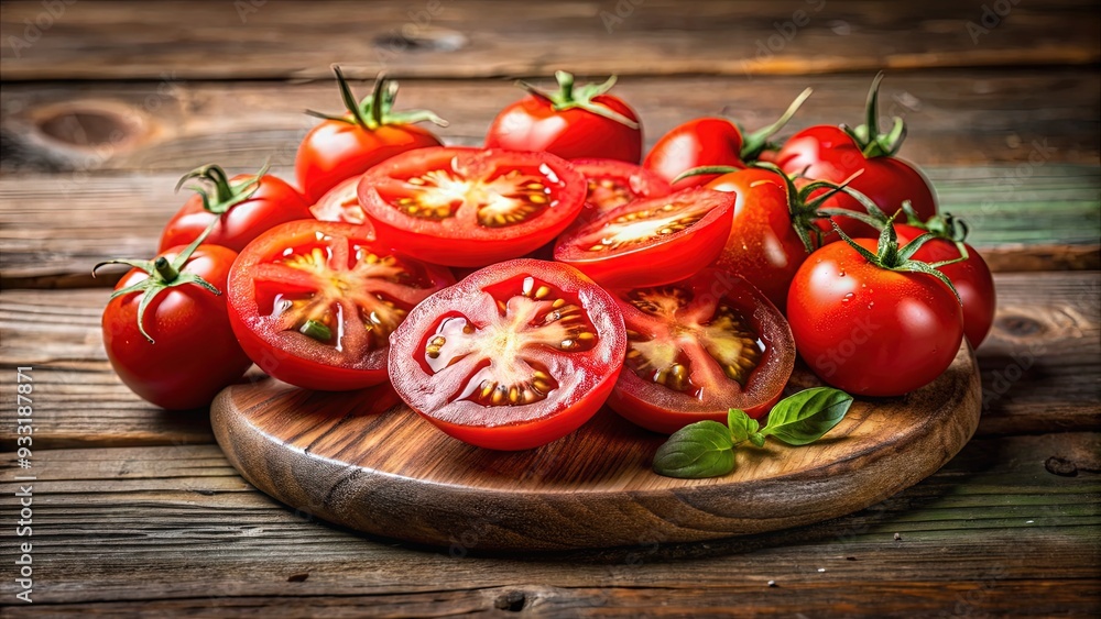 Freshly cut juicy ripe red tomato slices arranged artfully on a rustic wooden table against a natural earthy-toned background with slight shadow and blur. Freshly cut juicy ripe red tomato slices arranged artfully on a rustic wooden table against a natural earthy-toned background with slight shadow and blur.