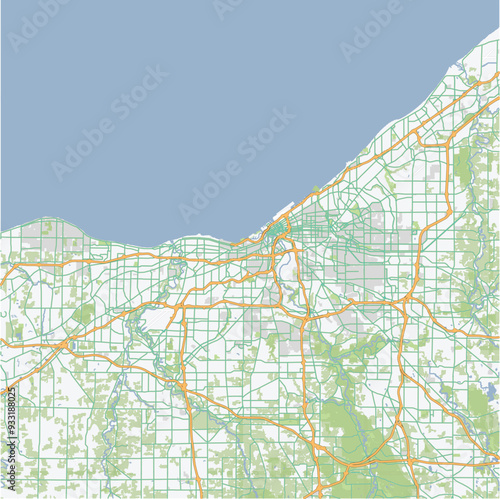 Road map of Cleveland in Ohio. Contains layered vector with roads water, parks, etc.