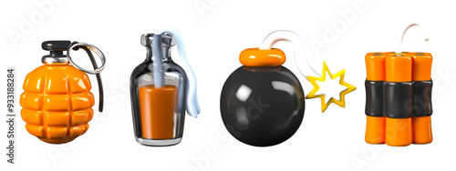 Collection of explosives in realistic style. Isolated items for hand and weapon throwing